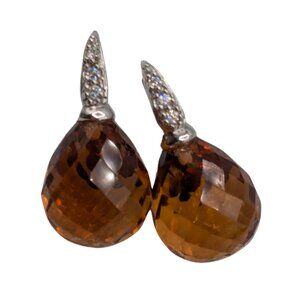 Faceted Natural Amber Teardrop Earrings Silver Leverback with Crystals